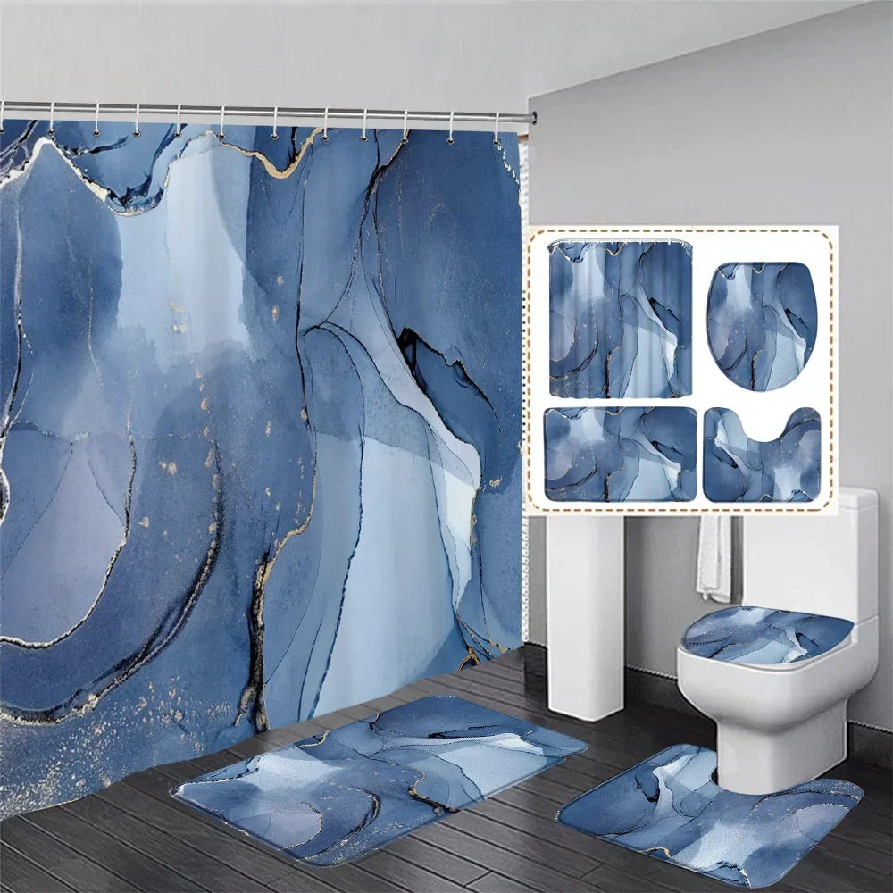 Black Marble Shower Curtain Set White Lines Cracked Pattern Modern Geometric Bathroom Decor Non-slip Rug Bath Mats Toilet Cover home improvement