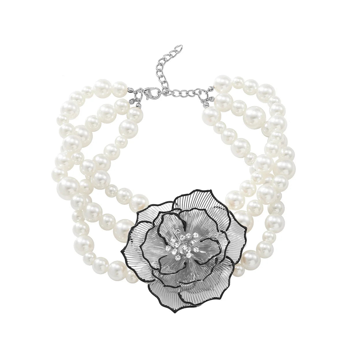 Ladies' Pearl Camellia Necklace Bracelet Earrings Retro Jewelry Trend Exaggerated Jewelry Set Party Gifts Wholesale