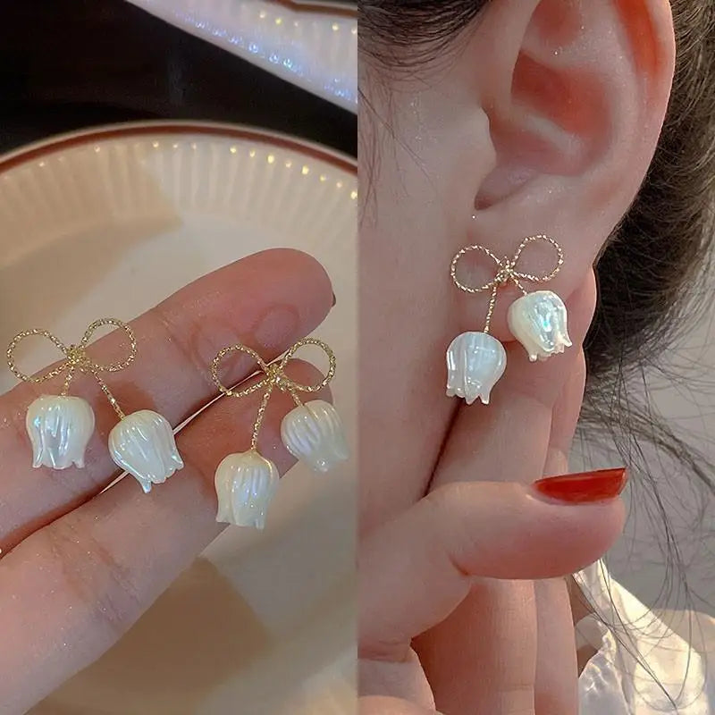 925 Silver Needle Korean Vintage Oil Painting Pearl Flower Earrings For Women Jewelry 2024 Trending New Luxury Women's Earrings