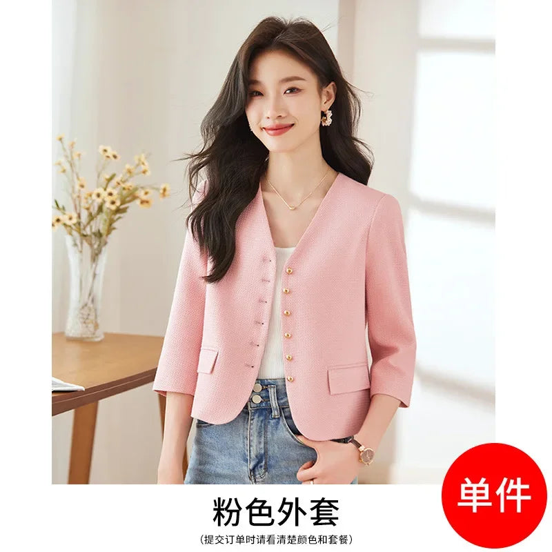 Clothes High quality short blazer for women single breasted three quater sleeve new spring 2025 elegant fashion office clothes pink blue
