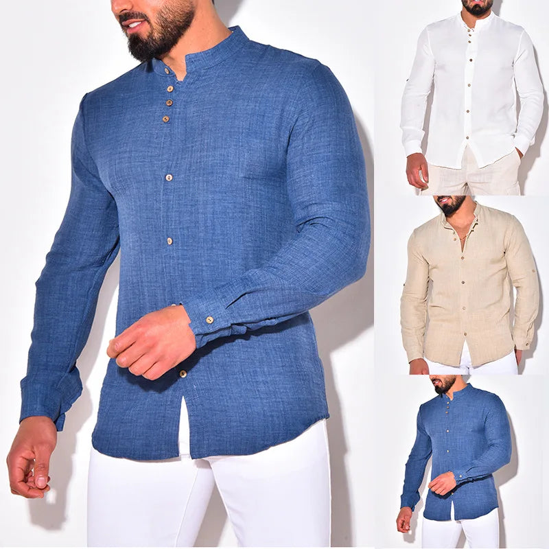 New Spring Summer Regular Fit Men's Shirts Cotton Linen Casual Top Blouse Long Sleeve Men Clothing