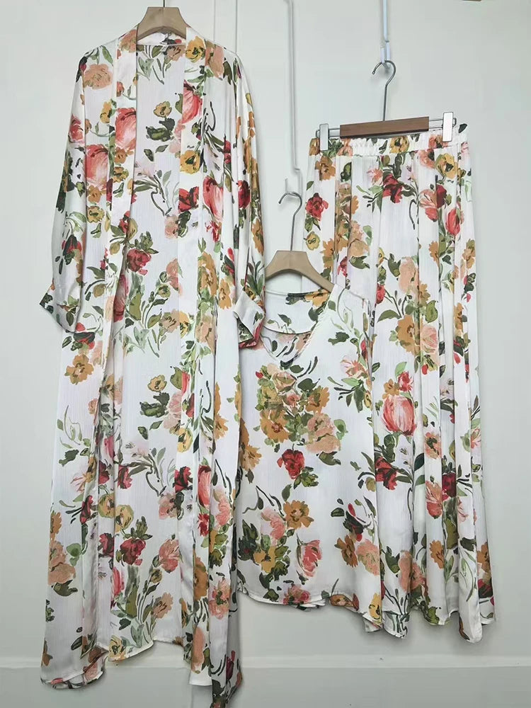 Retro geometric print loose cardigan three-piece set 2025 spring women's new pullover vest + draped loose culottes fashion suit