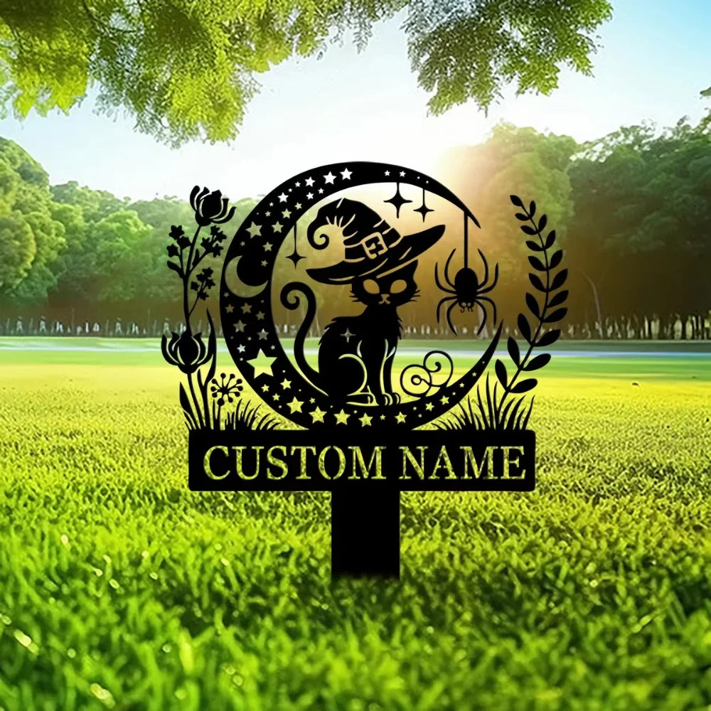 Custom Witch Cat Garden Stake Featuring Luminous Eyes - A Must - Have Black Cat Yard Stake for Halloween Yard Decoration.