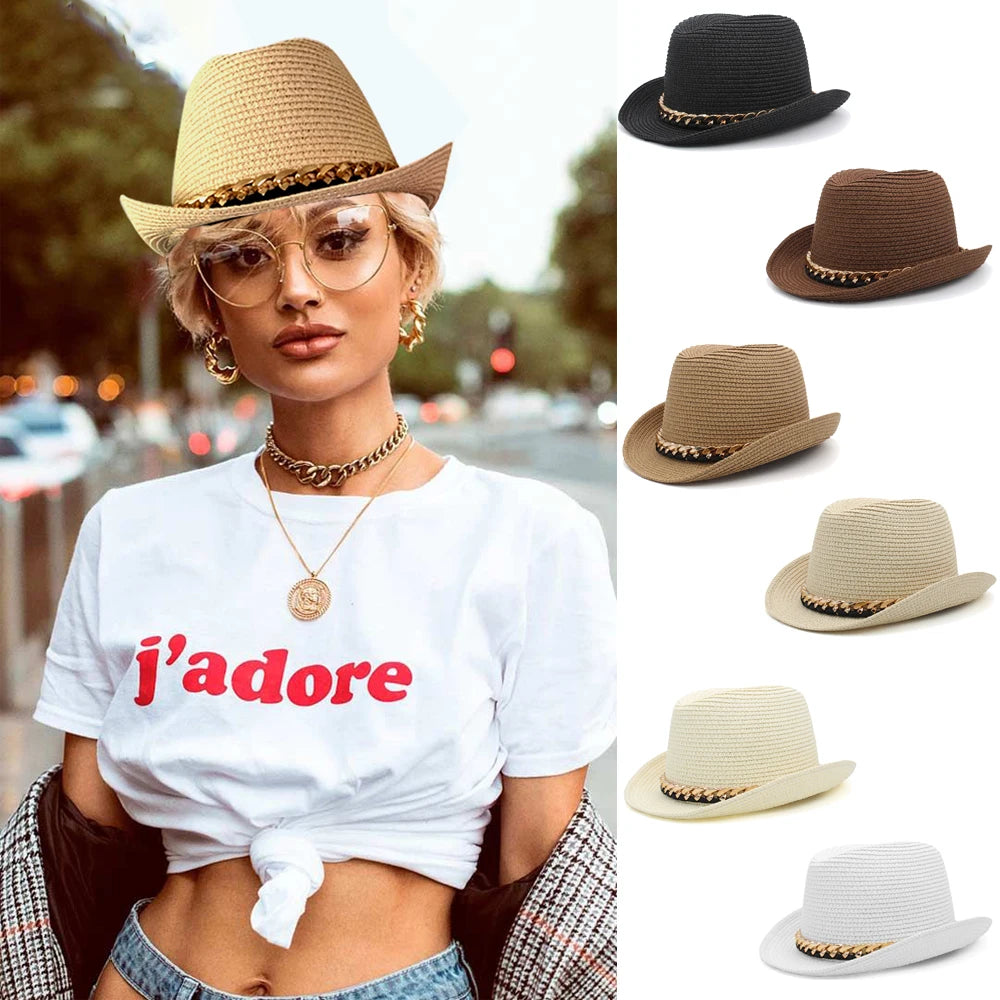 Men Women Summer Solid Straw Homburg Hats Classical Retro Fedora Caps Trilby Sunhat Party Beach Travel Outdoor Adjustable Size
