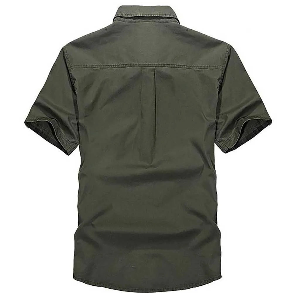 Summer Cotton Casual Shirts Men Loose Shirts Short Sleeve Turn-down Collar Military Style Male Tops mon