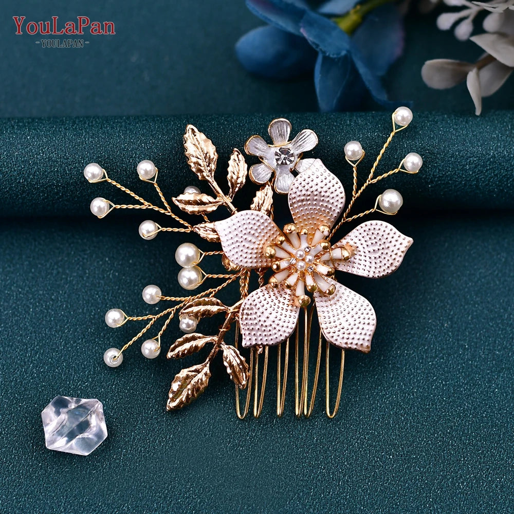 TOPQUEEN Luxury Wedding Hairpins Alloy Flower Wedding Comb Golden Color Bridal Wedding Accessories Pearl Bridal Hair Clips HP359