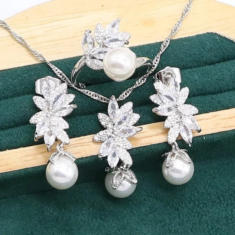 925 Sterling Silver Jewelry set for Women White Pearl Earrings Necklace pendant Ring Zircon Bracelet Birthday Gift