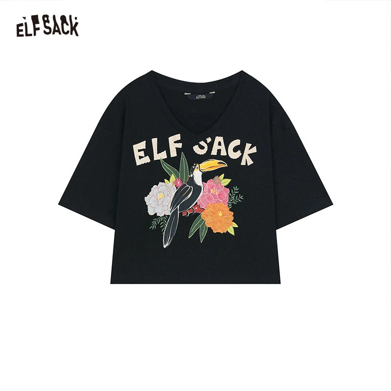 ELFSACK 2024 summer new arrival V-neck shiny letter print casual petite short-sleeved T-shirt for women clothes