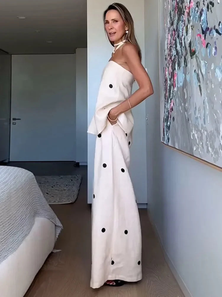 Women's Round Dot Print Off Shoulder Zipper Top Sets Fashion Backless Casual High Waist Long Pants Suit 2025 Female Streetwear