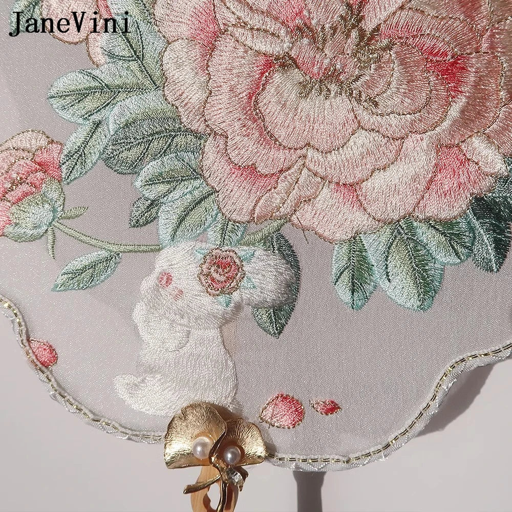 JaneVini Delicate Embroidery Flowers Rabbit Wedding Bride Fan Handmade Hanfu Xiuhe Bridal Fan Bouquet Accessories Handicraft