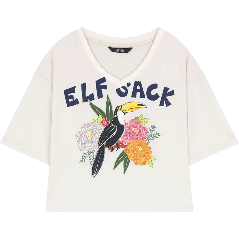 ELFSACK 2024 summer new arrival V-neck shiny letter print casual petite short-sleeved T-shirt for women clothes