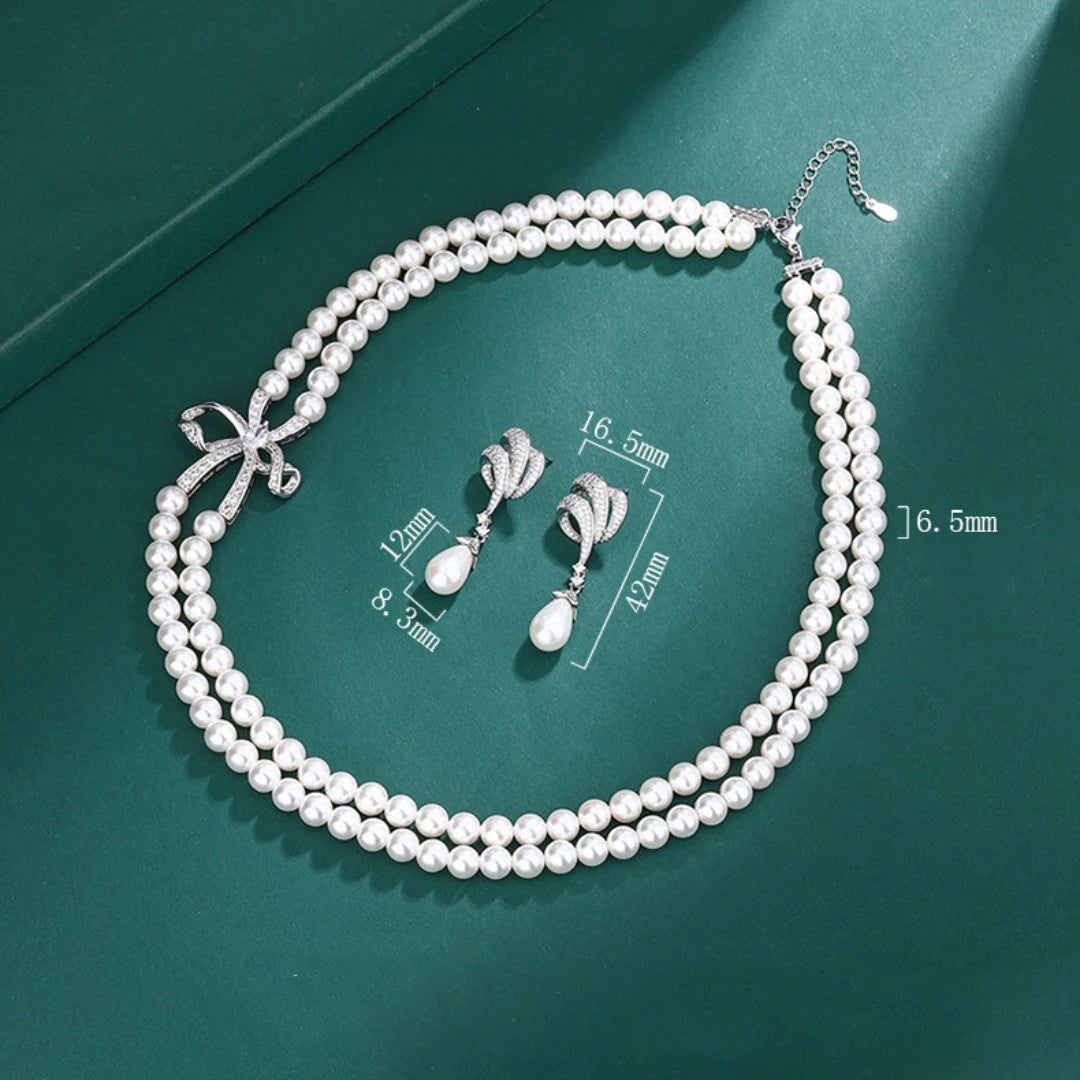 925 Sterling Silver Two Lines 6.5mm Pearl Necklace Earrings Set for Women Girls Fashion Bowknot Charm Ladies Wedding Jewelry