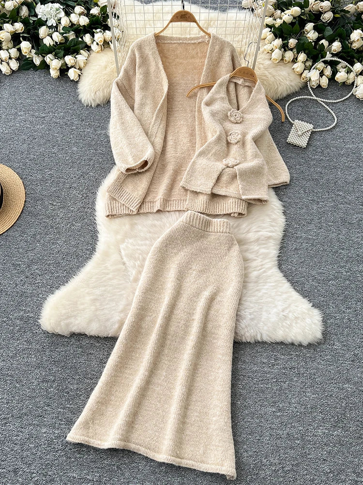 Damen Rosa 3-teiliges Set Vintage Langarmpullover A-Linie Lange Röcke Vintage Y2k Rock Sets Outfits Elegante 2000er Jahre Kleidung 2024