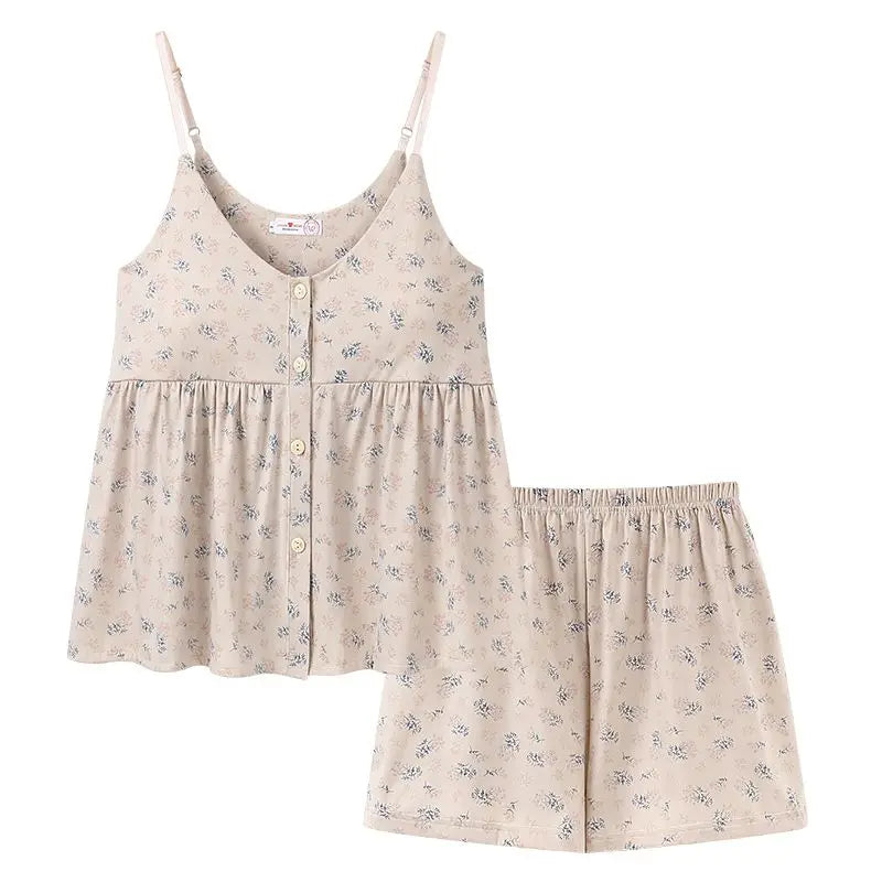 Summer Floral Pajama Sets Women Home Prairie Chic Sleeveless Girlish Sleepwear Thin Casual Students Dormitory Lounge Clothing