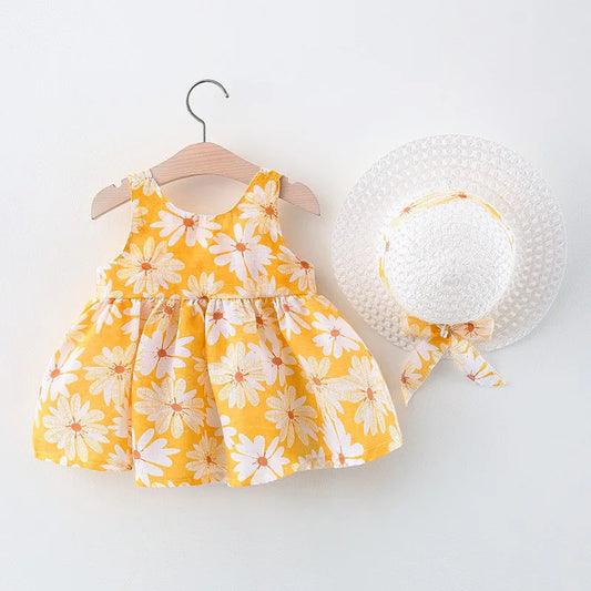 Toddler Girl Outfit Korean Style Dress For Baby Girl Cute Flower Printed Bow Dress Send Hat