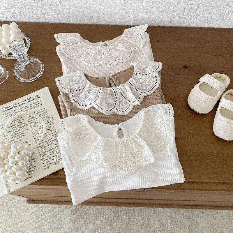 2024 Baby Herbst Kleidung Spitze Kragen Baby Tops Mit Langen Ärmeln Kinder Pullover Infant T Shirt für Mädchen Kleidung Kleinkind Bluse 0-2Y