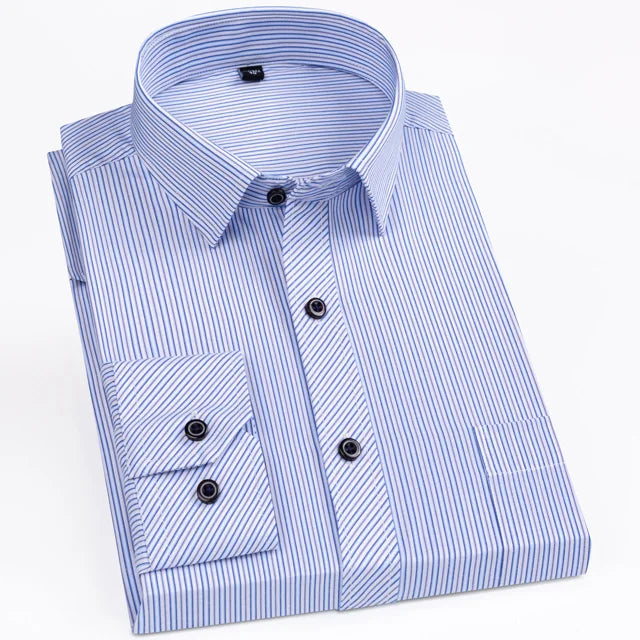 Men's Classic Standard-fit Plaid/striped Social Office Dress Shirt Single Patch Pocket Long Sleeve Formal Business Basic Shirts