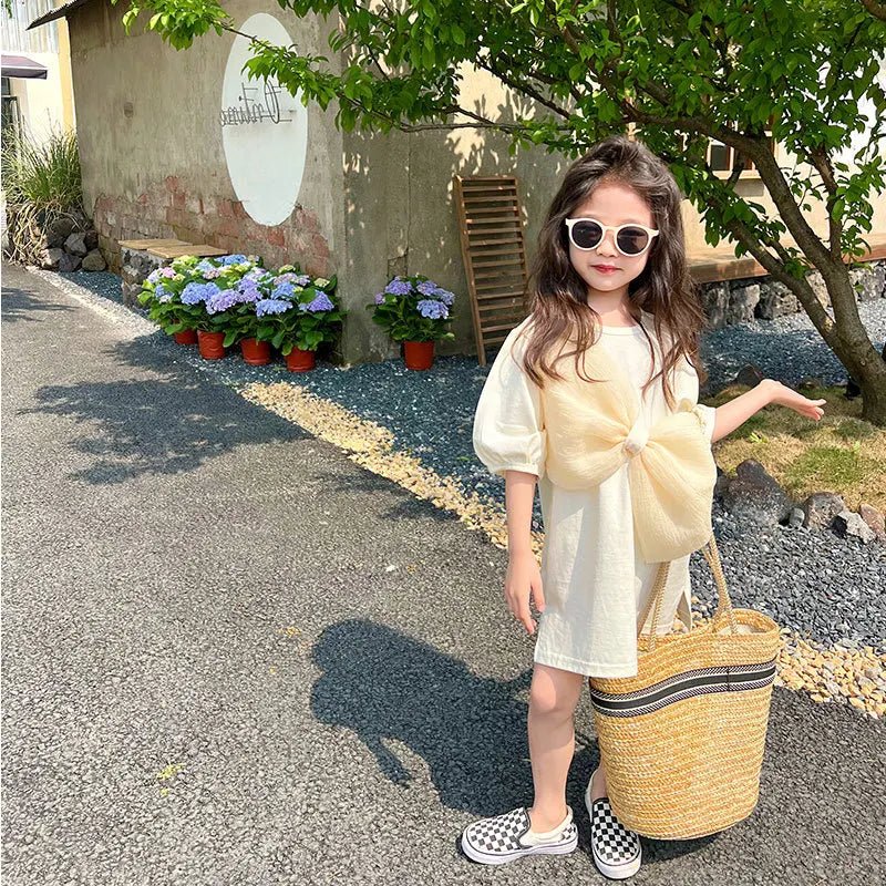 2024 Summer New Girls' Dress Big Bow Dress Sweater T-shirt Dress Casual Baby Kids Clothes Personalized Children's Clothing
