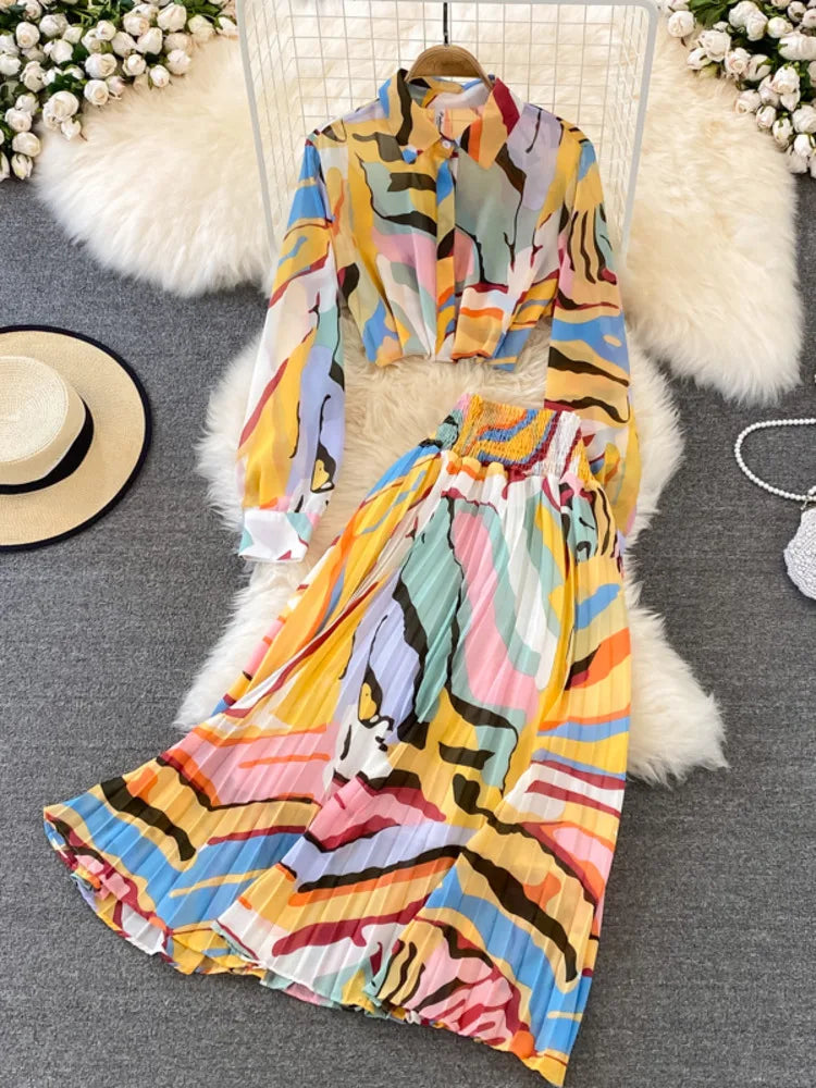 SHENGPALAE 2024 Summer New Women 2 Piece Set Printed Mid Sleeve Shirt And Large Swing Skirt Loose Fashion Female Clothes 5C7427