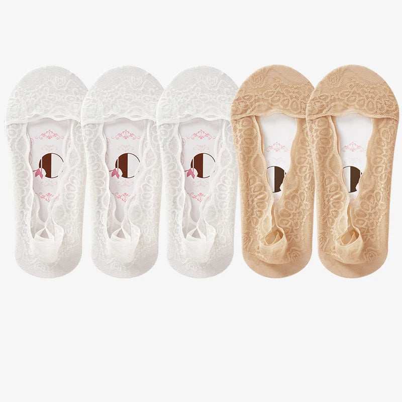 5pairs Summer Women Girl Silica Gel Lace Boat Socks Invisible Cotton Sole Non-slip Antiskid Slippers Anti-Slip Short Ankle Socks