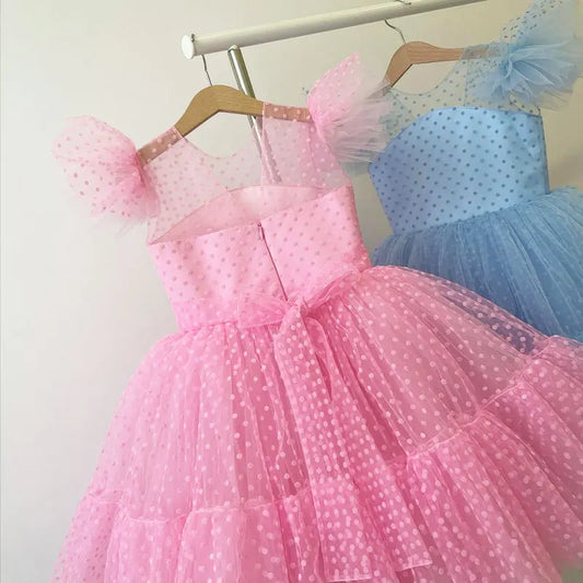Summer Dress for Kid Girl Polka Dots Pink Mesh Dresses Flower Girls Wedding Tutu Fluffy Vestidos Princess Birthday Party Gown
