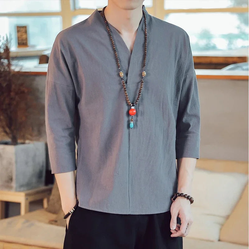 Summer Short Sleeve Men New Half-sleeved Cotton Linen Breathable Men Clothing T-shirt Tops - mon