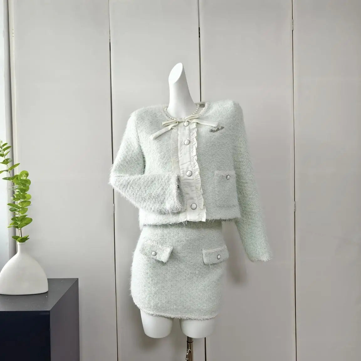 Frauen Elegante Tweed Luxus Anzug Strass Jacke Mantel Und Rock Zwei Stück Set Outfit Winter Pailletten Jacquard Party Kleidung 2023