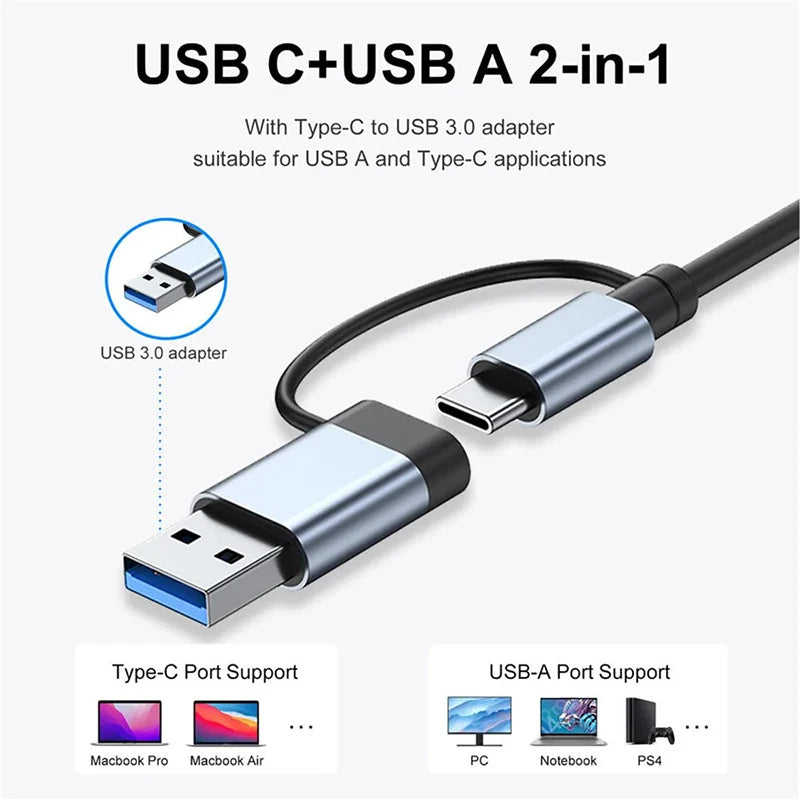 موزع USB C، موزع USB، 8 في 1، موسع USB مع 4 منافذ USB، منفذ USBC واحد، قارئ بطاقات TF/SD، مخرج صوت متوافق مع MacBook
