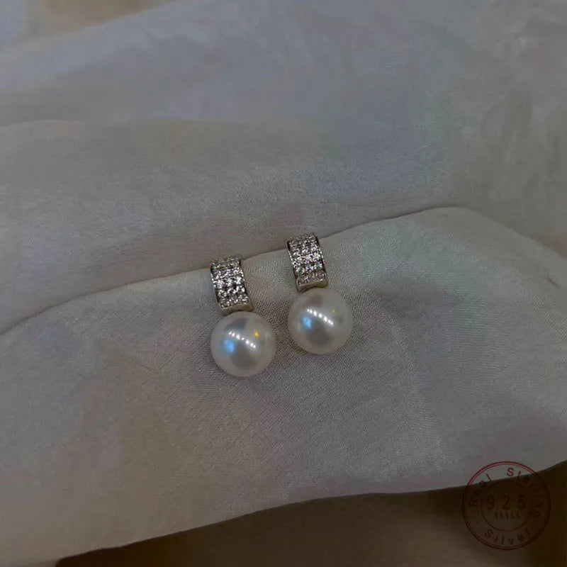 Girls 925 Sterling Silver French Temperament Geometric CZ Pearl Stud Earrings For Women Girls Wedding Party Jewelry