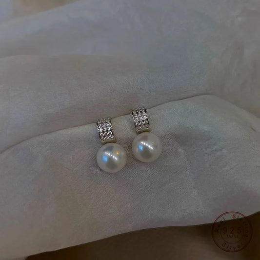 Girls 925 Sterling Silver French Temperament Geometric CZ Pearl Stud Earrings For Women Girls Wedding Party Jewelry