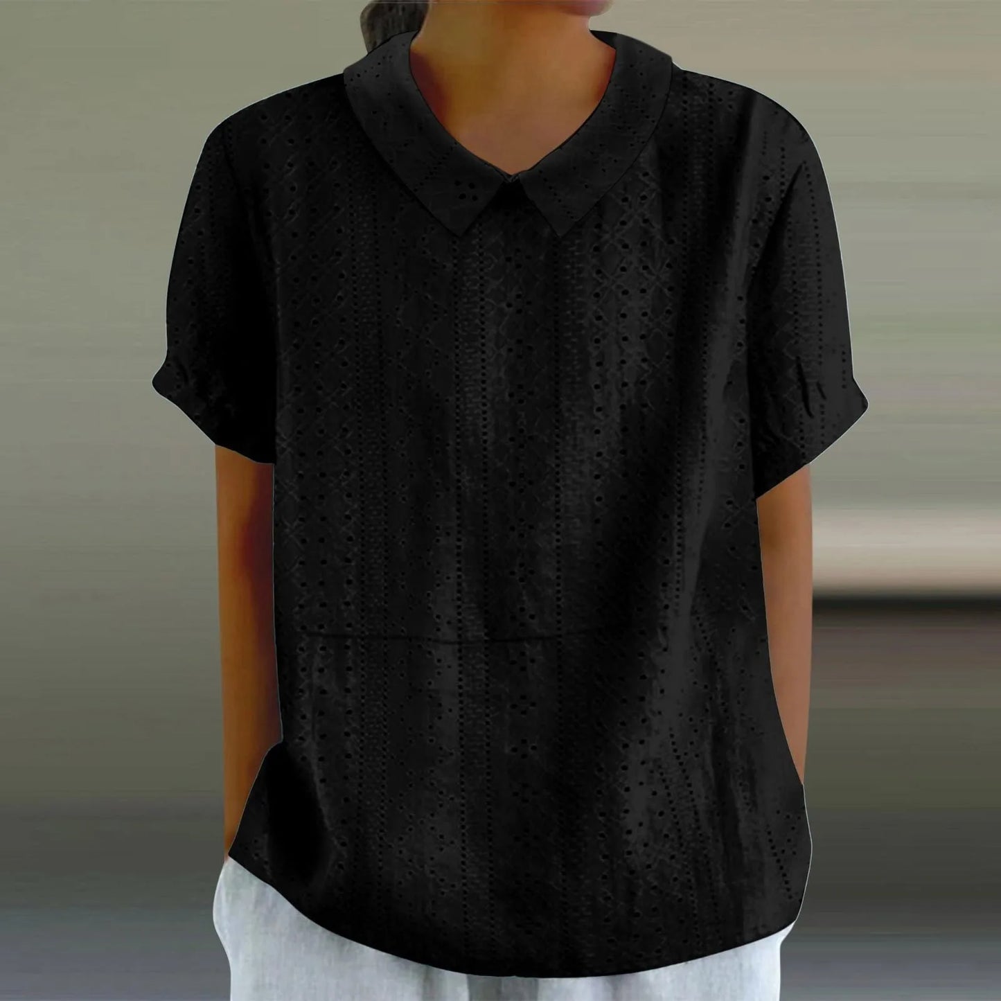 Elegant Hollow Turn-Down Collar Blouse Shirt Top Button Short Sleeve Women Blouse Casual Summer Fashion Female Tops