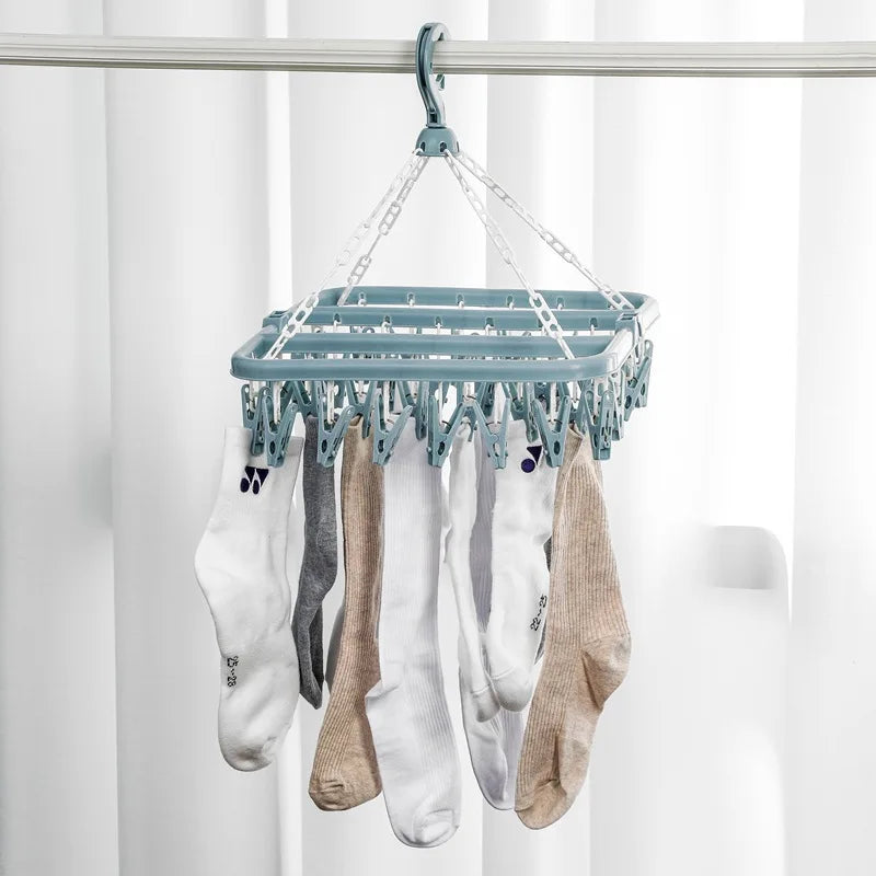 Wäscheständer mit 32 Klammern und Abtropffläche, faltbares Hängegestell für Socken, BHs, Handtücher, Unterwäsche, Mützen, Schals, Hosen, Babykleidung