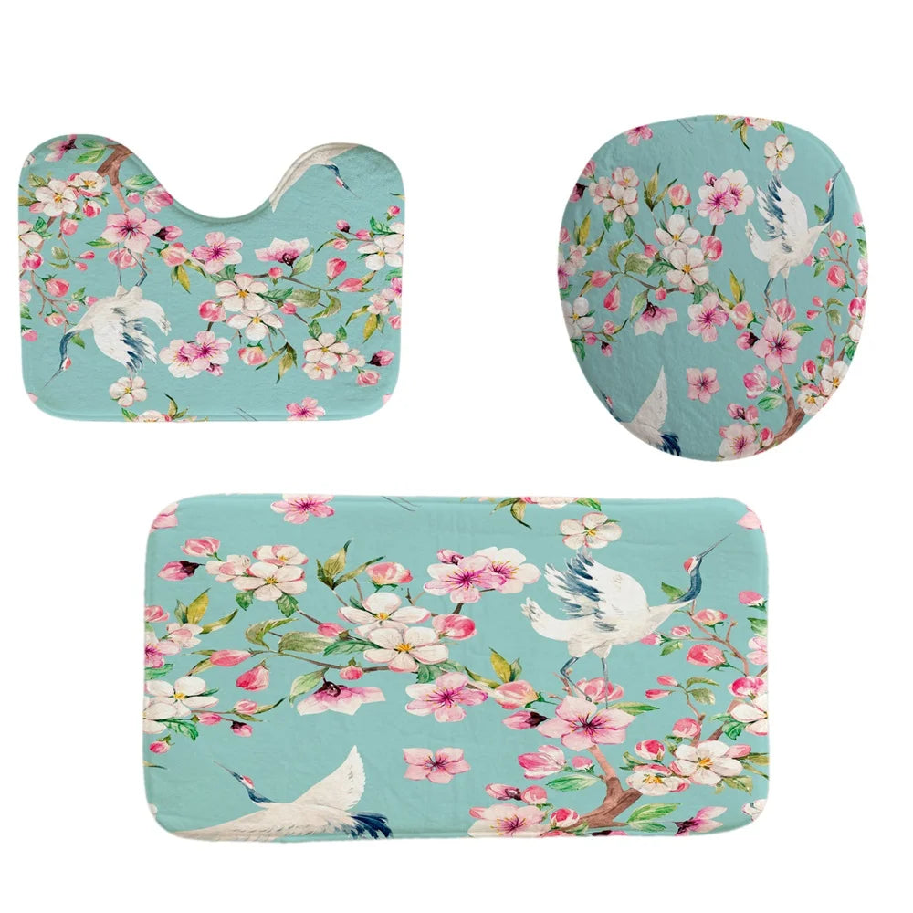 Japanese Cherry Blossom Shower Curtain Set Non-Slip Rug Toilet Lid Cover Bath Mat Spring Sakura Flower Pastoral Bathroom Curtain