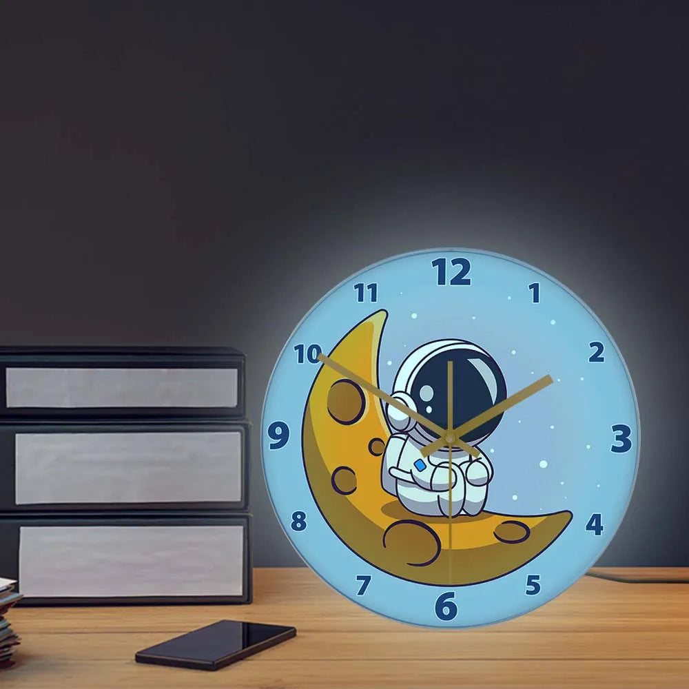 Cartoon Astronaut LED Lighting Wall Clock for Kids Room Nursery Universe Home Decor Outer Space Art Cosmonaut Neon Light Clock