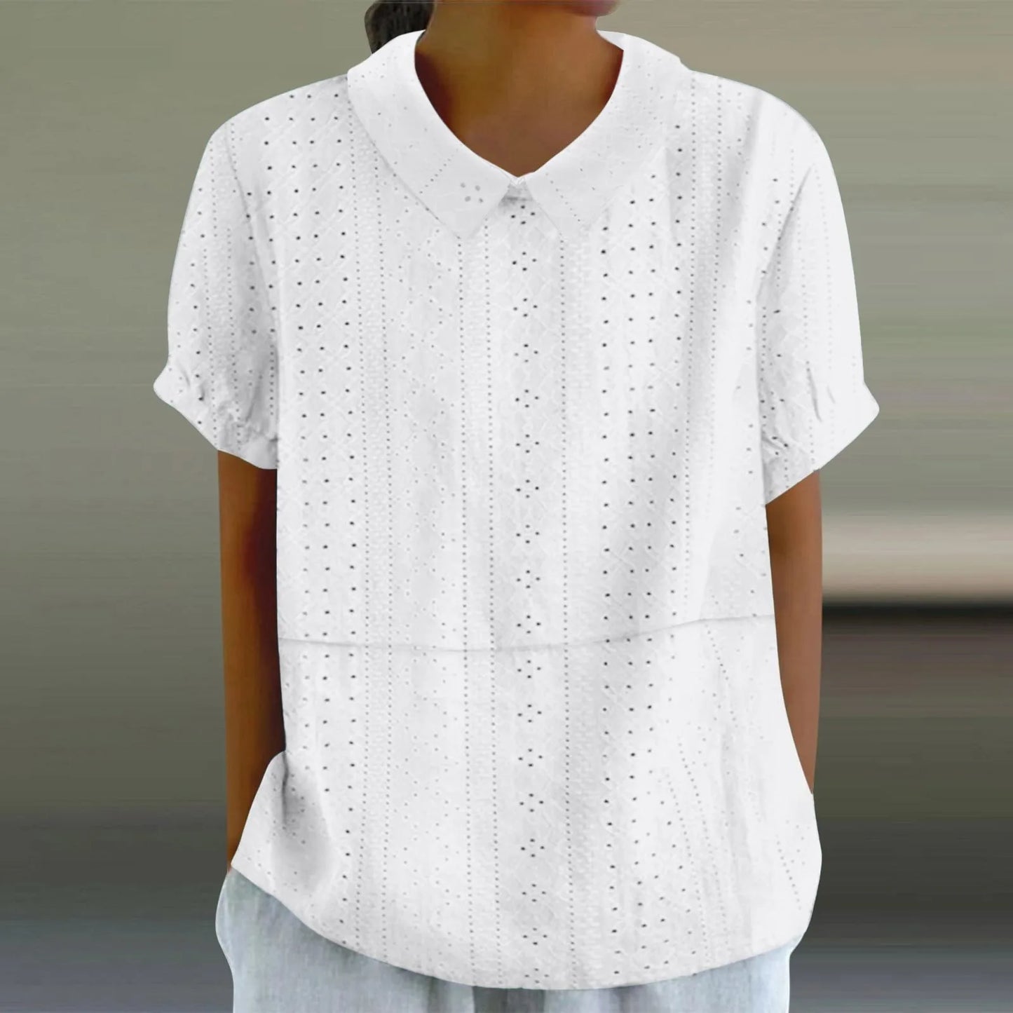 Elegant Hollow Turn-Down Collar Blouse Shirt Top Button Short Sleeve Women Blouse Casual Summer Fashion Female Tops