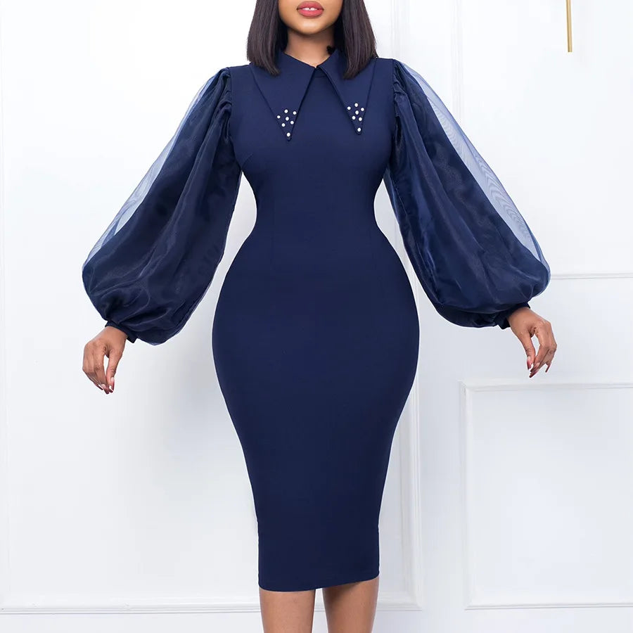 FairyShely 2025 Spring Autumn Solid Plus Size Dress Women Lantern Long Sleeve Large Big Dresses Lady Party Tight Curvy Dress