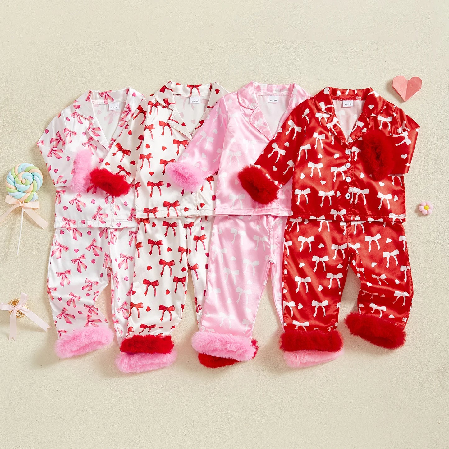 Valentine Pajamas Sets Toddler Baby Girl Bow Print Plush Laple Long Sleeve Tops with Pants Kids Girls Sleepwear Sets 2025 Spring