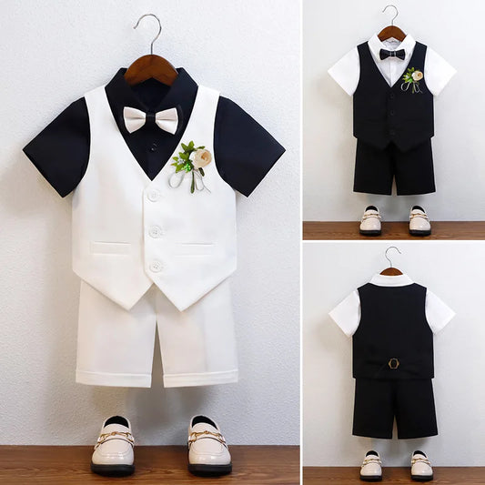 Kids Cool Vest Shirt Shorts Bowtie Ceremony Costume Boys Silm Fit Wedding Dress Chilren's Host Performance Costome