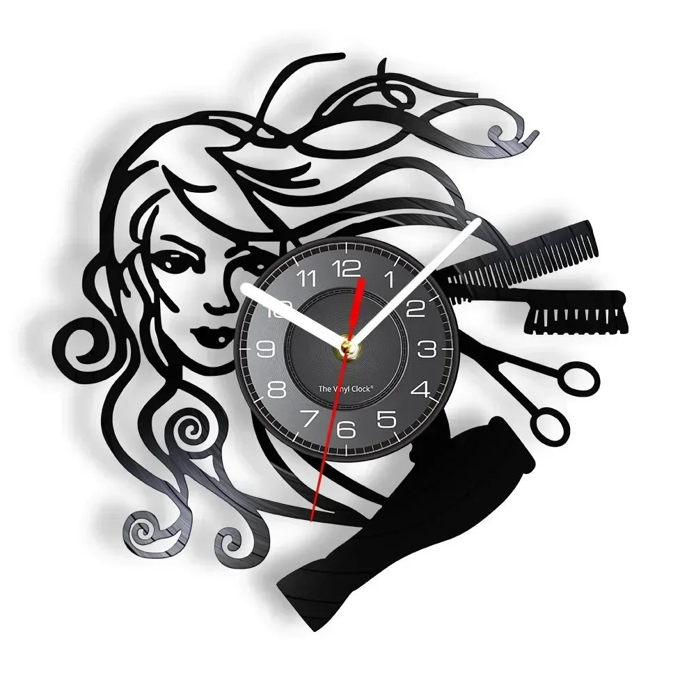 Barber Shop Sign Silent Haircutting Wall Clock Hairdressing Beauty Salon Design Vinyl Record Clock Watch Barber Shop Wall Decor