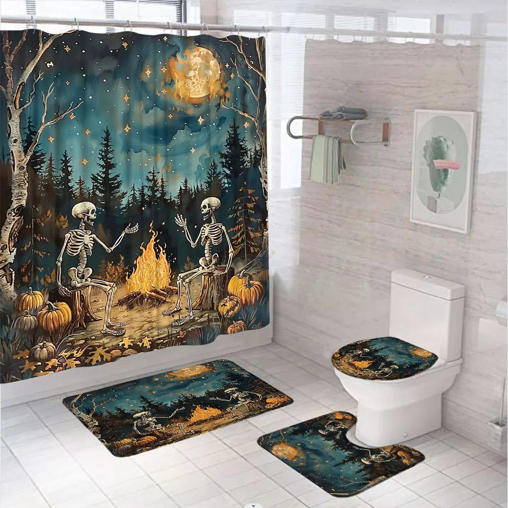Funny Ghost Shower Curtain Set Halloween Skull Bat Flower Pumpkin Bath Screen Bathroom Mat Non Slip Rug Carpet Toilet Cover Home improvement decortion