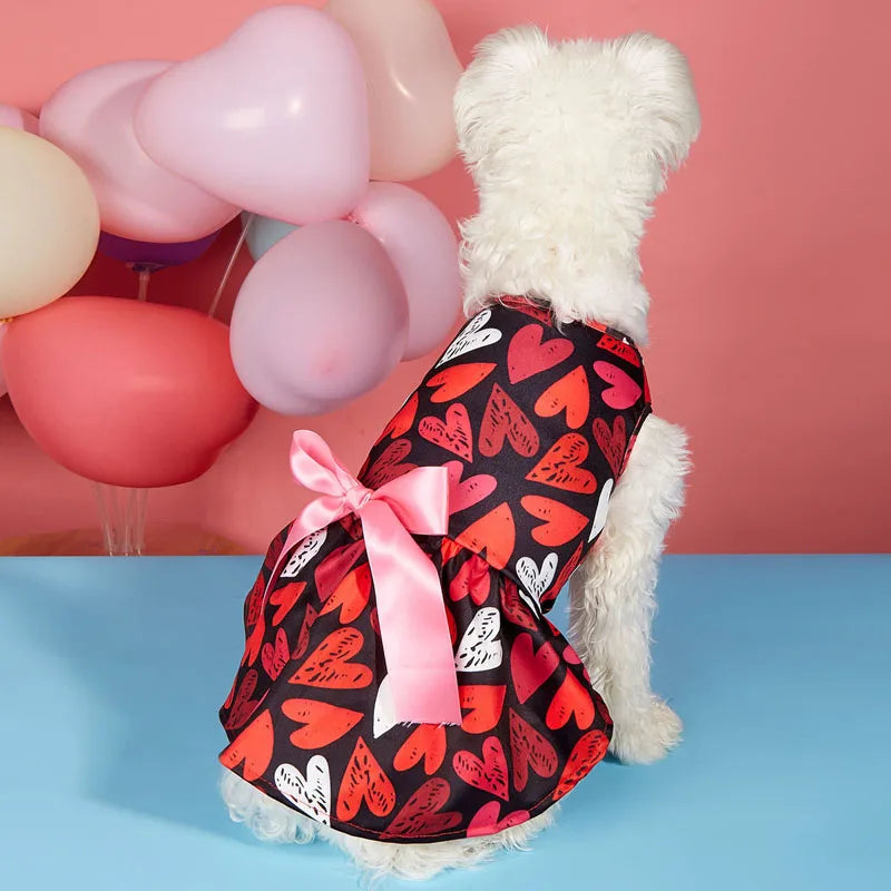 Pet Dogs Princess Dress, Heart Print Tie-up Dog cat Costume Valentine’s Day Party Styling Clothes