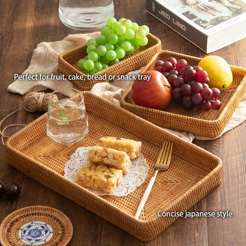 Handwoven Rattan Storage Tray Square Wicker Basket Bread Food Plate Fruit Cake Platter Dinner Serving Tray Kitchen Decoration