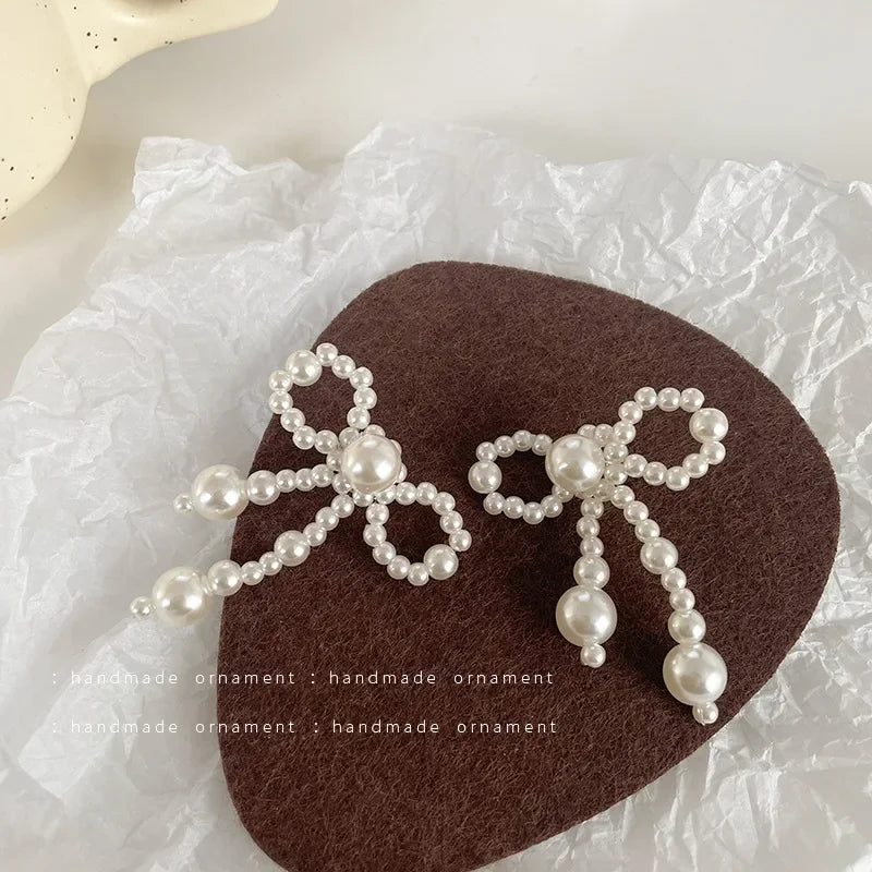 White Beaded Earrings Imitation Pearl Earrings Ear Clips Bowknot Long Tassel Pearl Clip on Earrings Non Piercing Ear Jewelry