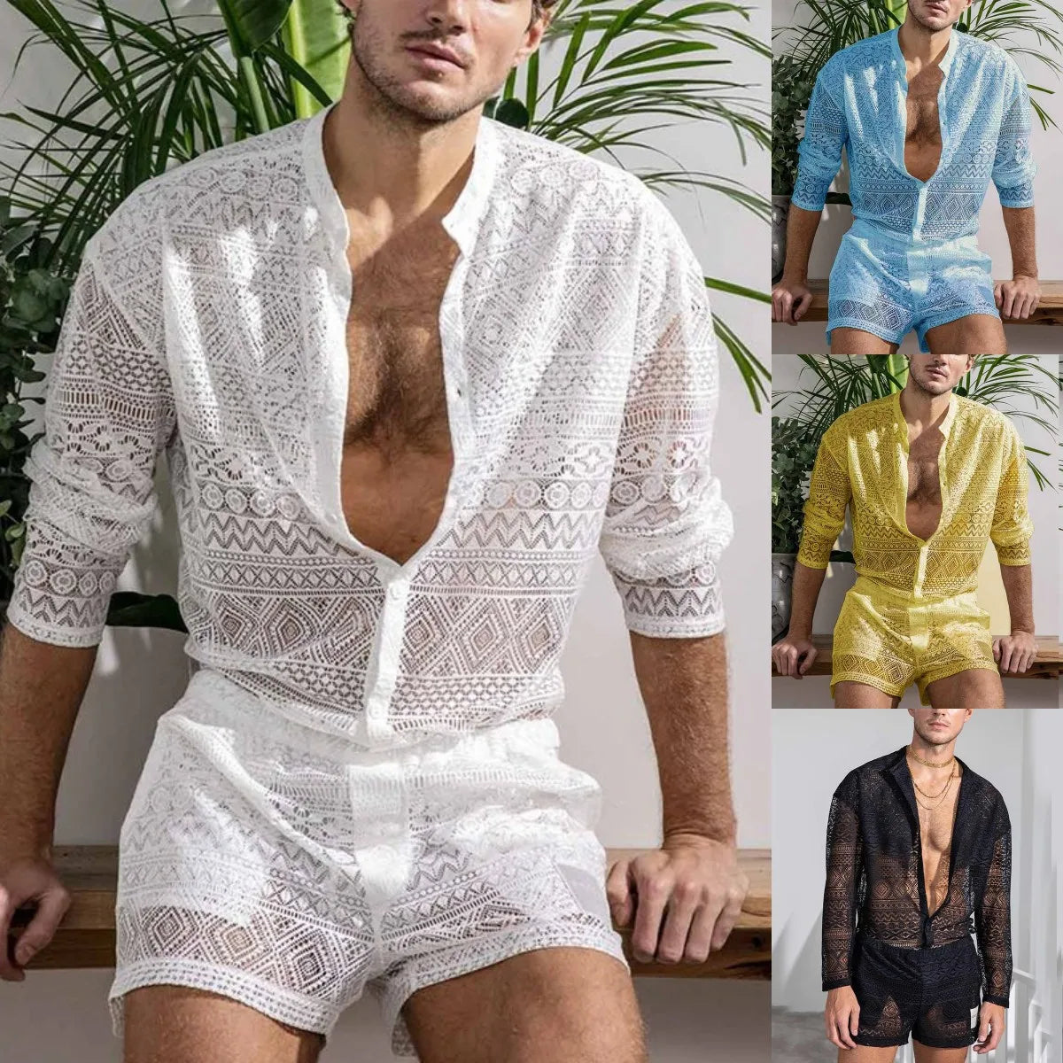 Men's Beach Wear Mesh Sets Spring Summer Sports Polo Shirts & Pants Tracksuits Breathable Casual Jogging Suits Holiday Clothes mon