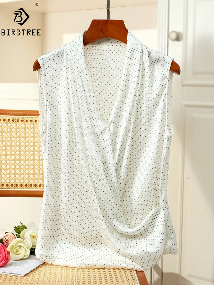 BirdTree, 100%Real Silk OL Elegant Shirt, Women V Neck Sleeveless Polka Dots, Loose Fashion Blouse