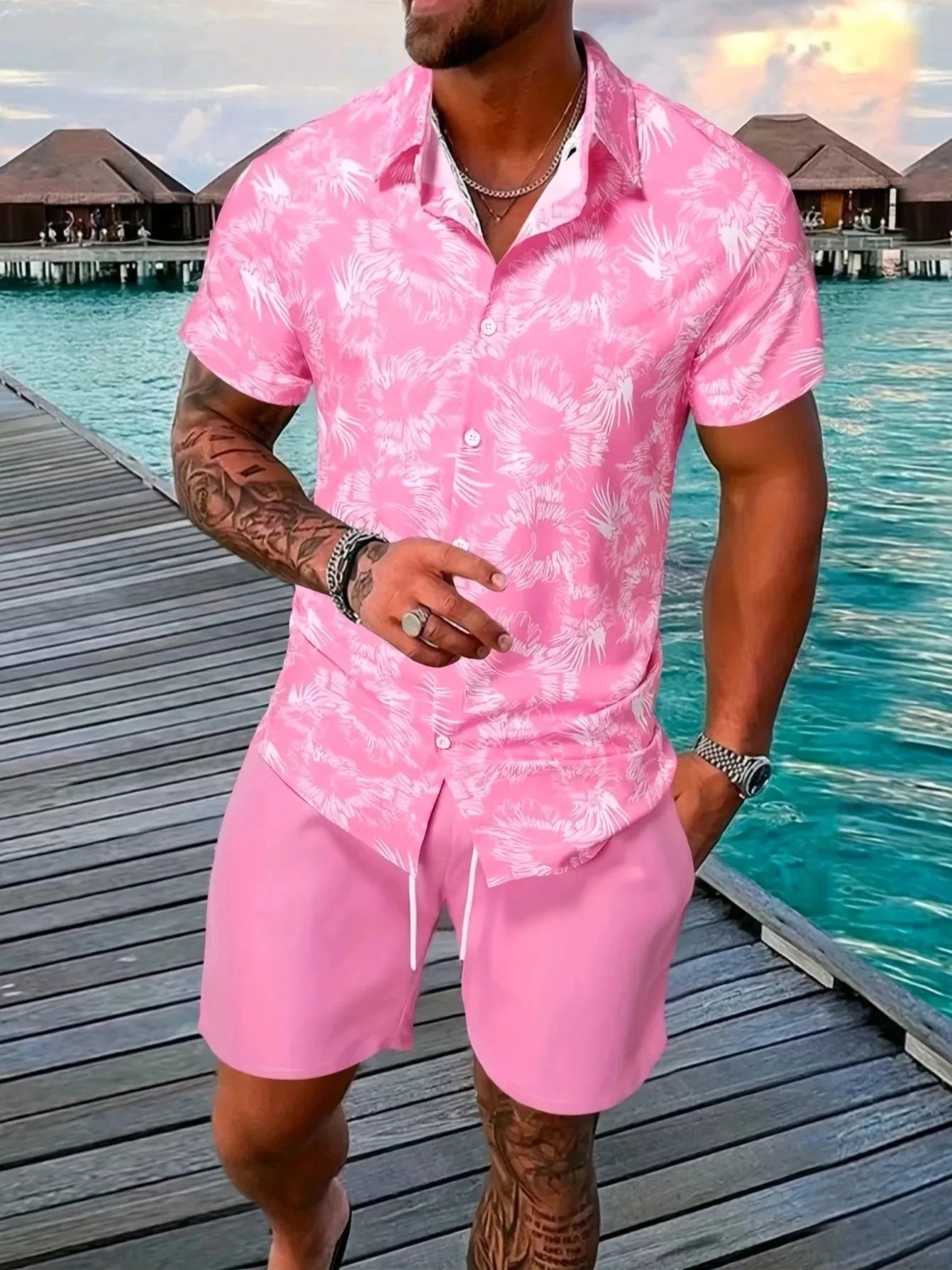 Hawaiian Flamingo Strip Printed Set Casual Streetwear Button Short Sleeve Shirt, Two-piece mon