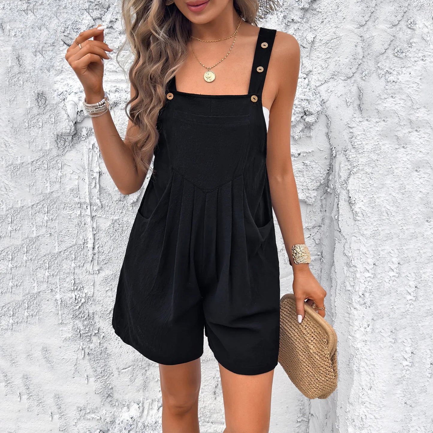 2025 Summer Women Rompers Short Black Square Collar Pockets Loose Wide-Leg Rompers Female Elegant Casual Trendy Ladies Clothes