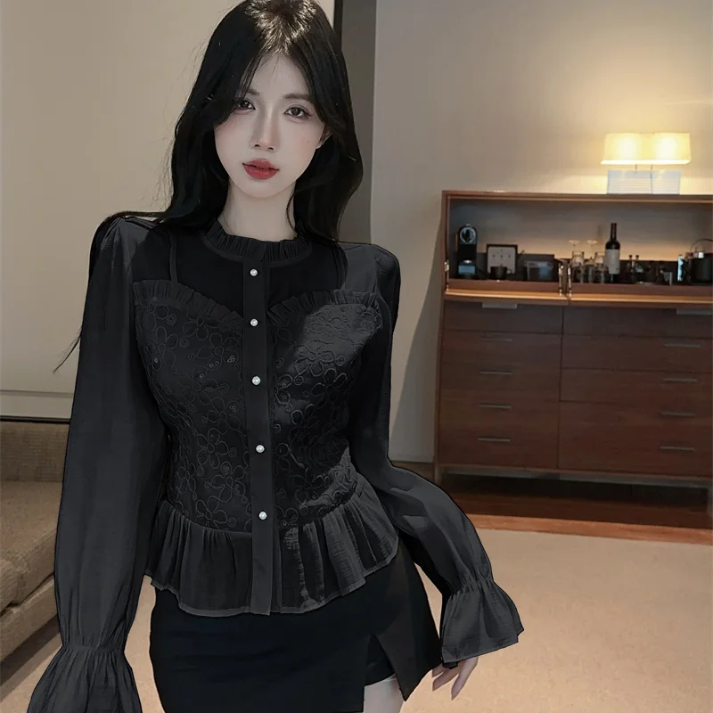 Gagaok French Style Women Tops Temperament Fungus Splicing Fashion Shirts 2025 Spring New Slimming Blouse Casual Clothes