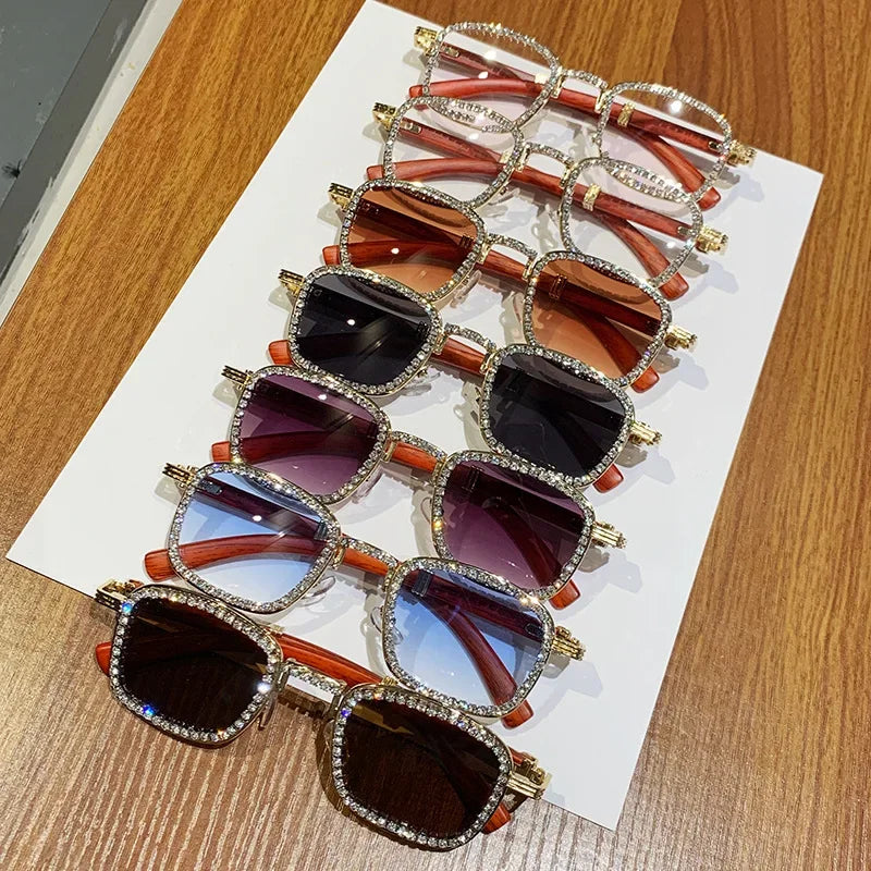 2025 Square Diamond Sunglasses for Women with A High-end Feel Imitation Wood Grain Legs Girls Sunglasses with Rhinestone