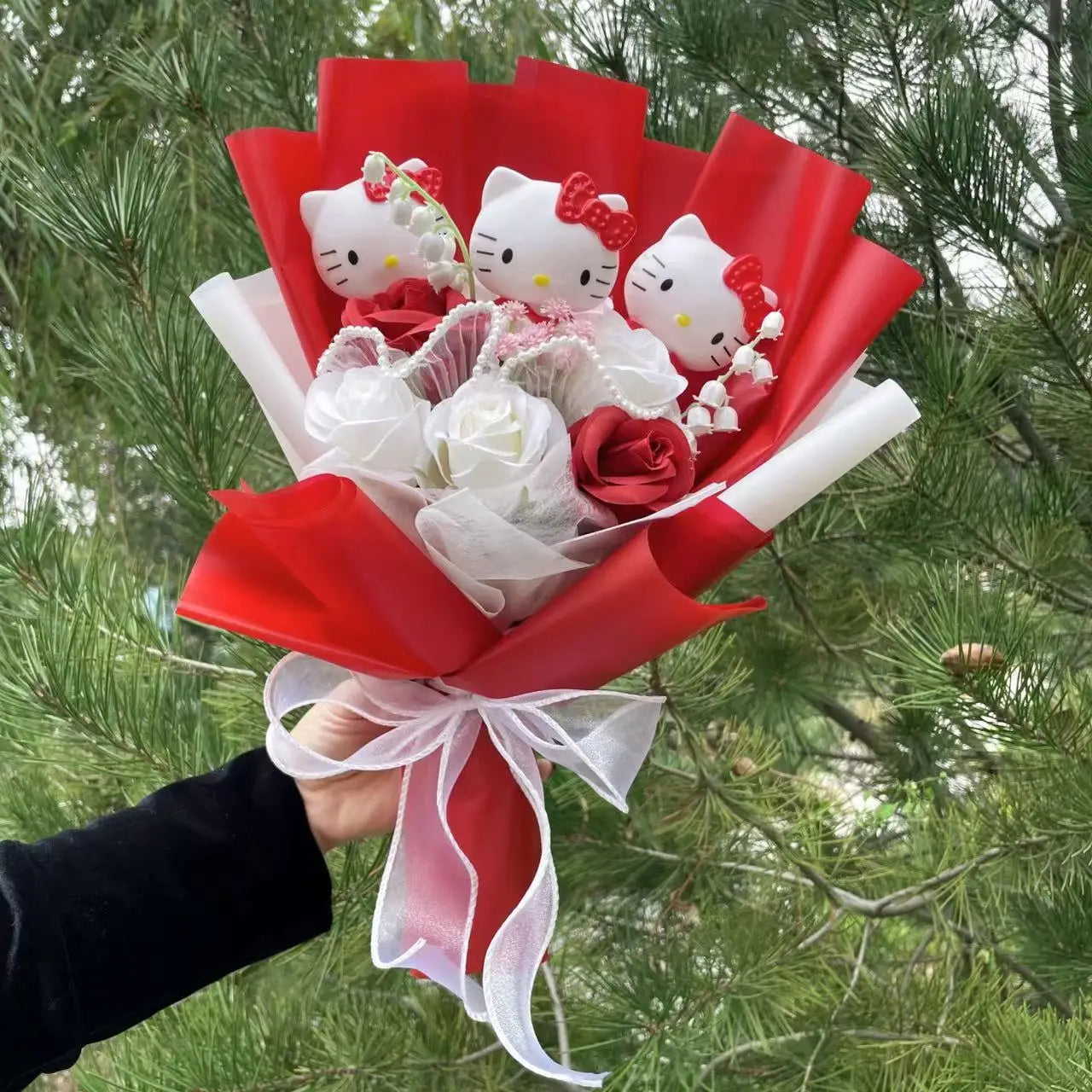 Cartoon Vinyl Doll Hello Kitty With Artificial Flower Creative Bouquet Christmas Valentine Birthday Gifts For Girls